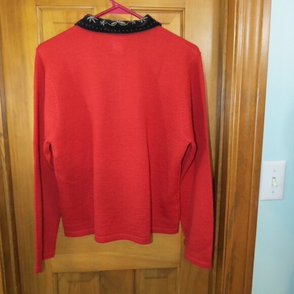 Vtg Susan Bristol Red Cardigan Sweater Embroidered Black Collar Size Large - Picture 7 of 12